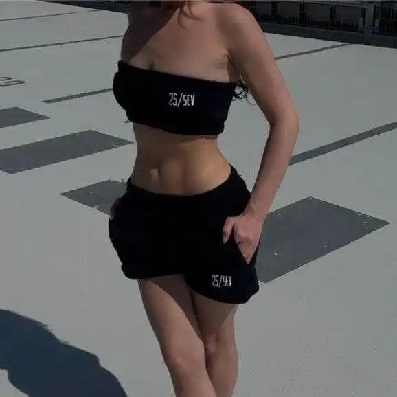 bandeau top and jogging shorts black for women - streetwear - summer set - top - tracksuit - low waist - comfortable - great quality - cotton - perfect for vacation, beach or just casual days - 25/SEV