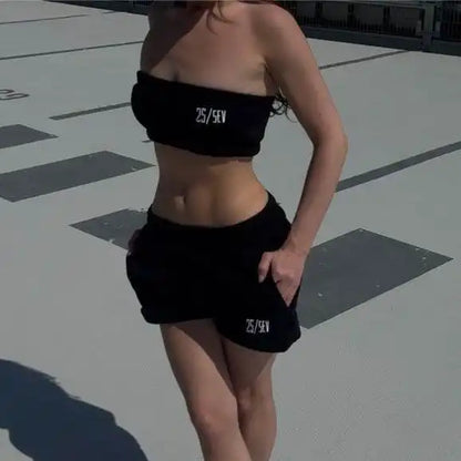 bandeau top and jogging shorts black for women - streetwear - summer set - top - tracksuit - low waist - comfortable - great quality - cotton - perfect for vacation, beach or just casual days - 25/SEV