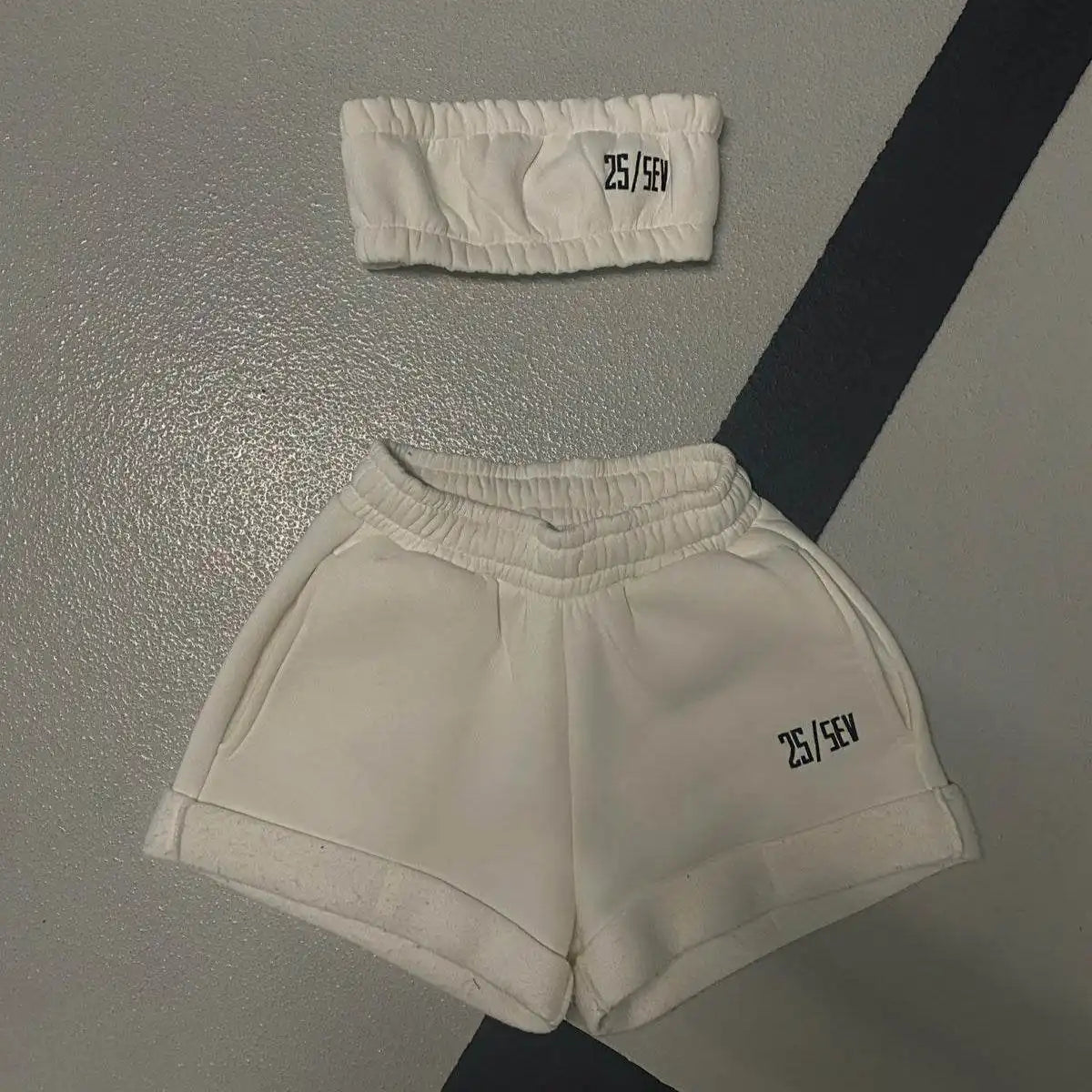 bandeau top and jogging shorts white for women - streetwear - summer set - top - tracksuit - low waist - comfortable - great quality - cotton - perfect for vacation, beach or just casual days - 25/SEV