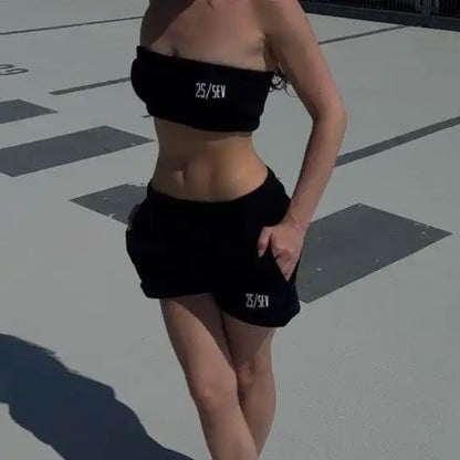 bandeau top and jogging shorts black for women - streetwear - summer set - top - tracksuit - low waist - comfortable - great quality - cotton - perfect for vacation, beach or just casual days - 25/SEV